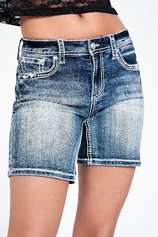 Border Stitches Detail Mid Rise Jean Shorts