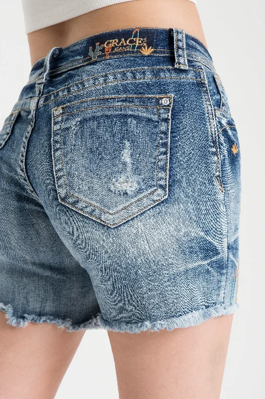 Cactus Embroidered Mid Rise Jean Shorts