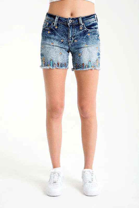 Cactus Embroidered Mid Rise Jean Shorts