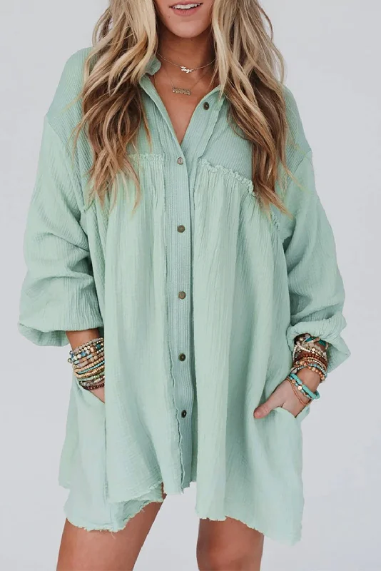 Green Patchwork Crinkle Puff Sleeve Shirt Dress