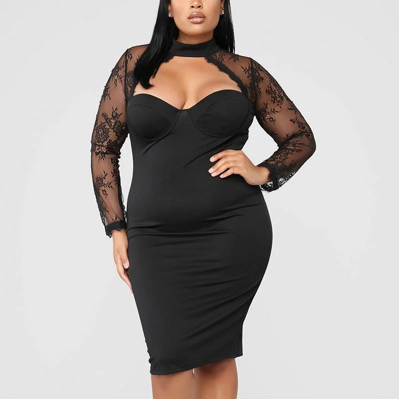 NiDELL Amazon Cross-Border Hot plus Size Temperament Dress Women's Summer . New Plump Girls Lace Stitching Hollow Style