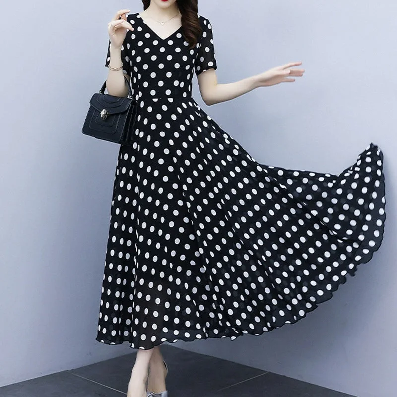 NiDELL European Station . Summer New Hepburn Polka-Dot Cinched Short Sleeve Dress Female Temperament Slimming Chiffon Long Dress