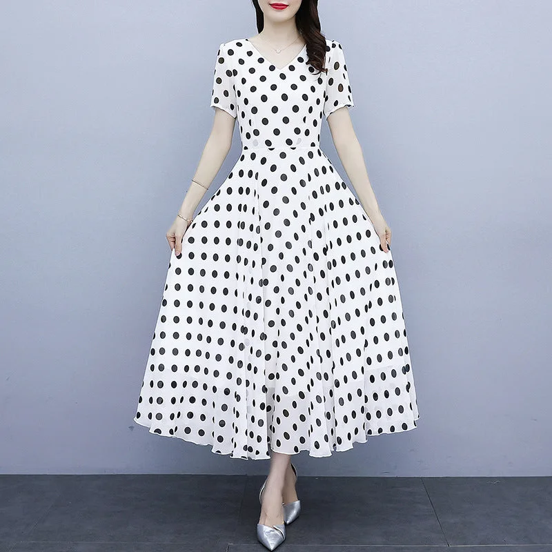 NiDELL European Station . Summer New Hepburn Polka-Dot Cinched Short Sleeve Dress Female Temperament Slimming Chiffon Long Dress