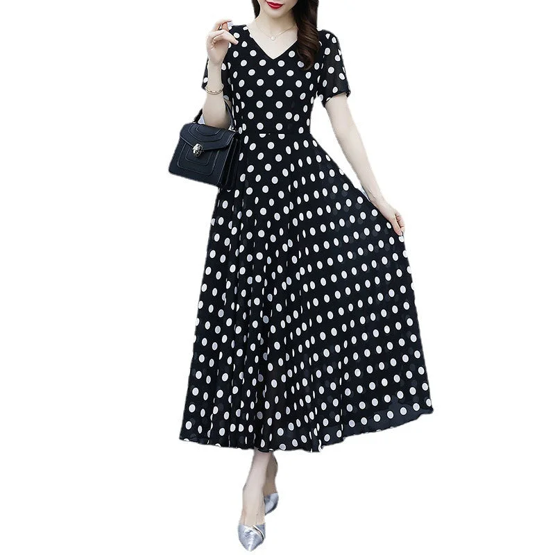 NiDELL European Station . Summer New Hepburn Polka-Dot Cinched Short Sleeve Dress Female Temperament Slimming Chiffon Long Dress