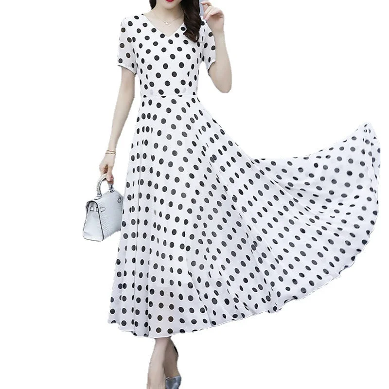 NiDELL European Station . Summer New Hepburn Polka-Dot Cinched Short Sleeve Dress Female Temperament Slimming Chiffon Long Dress