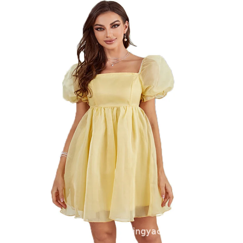 NiDELL LQ-220354 European American Summer New . Square Collar Puff Sleeve High Waist Bubble Skirt Backless Dress Spot Goods