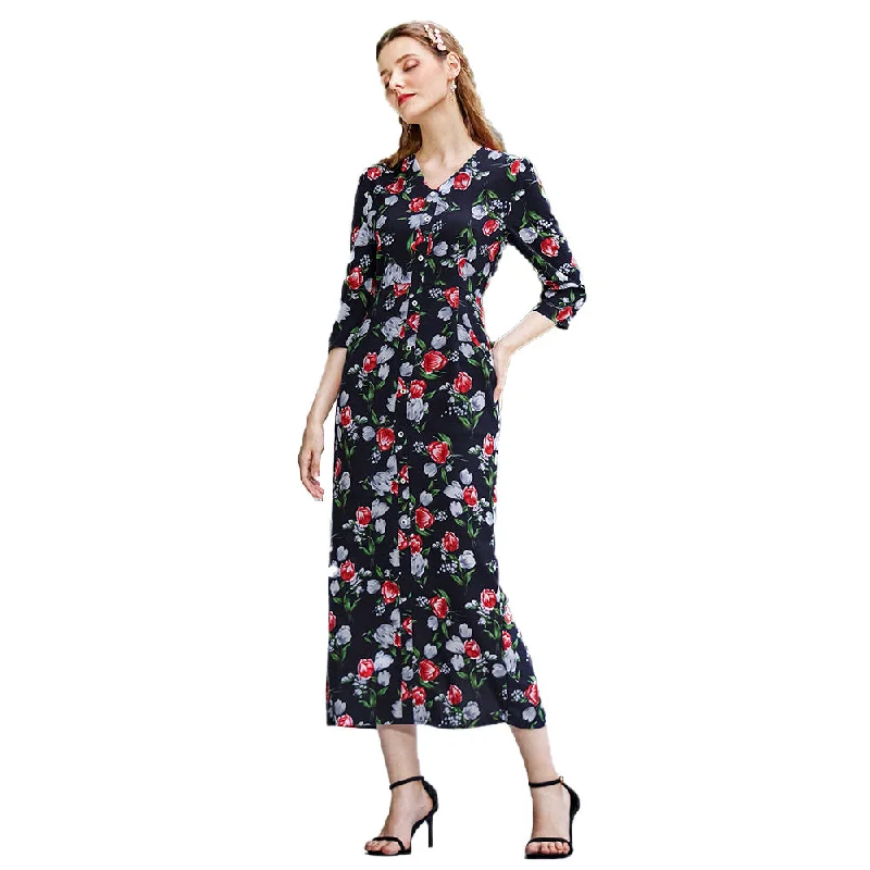 NiDELL Mxz-81 European and American Women's Clothing . Amazon Cross-Border V-neck Shirt Sleeve Printing High Waist Long Casual Dress