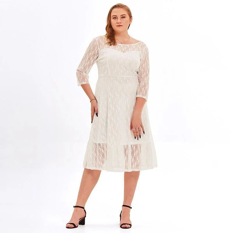 NiDELL . Spring and Summer New European and American Large Size Intellectual Elegant Fresh Sweet Medium Long Sleeve Fat Sister Lace Dress