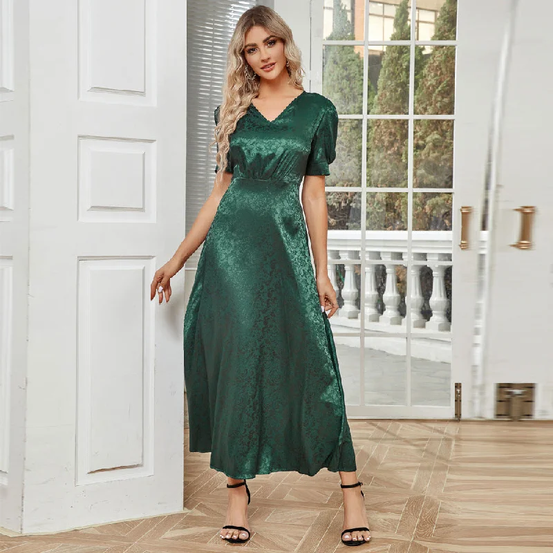 NiDELL Ty-499 European and American Women's Clothing . Summer New Fashion Casual High Waist Pure Color V-neck Puff Sleeve Dress