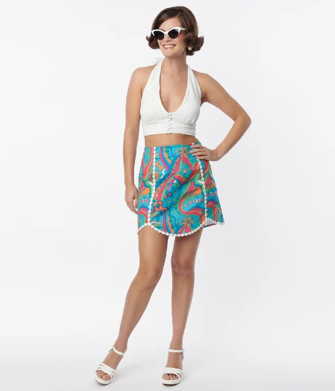 Smak Parlour Blue Daisy River Psychedelic Scallop Hem Mini Skirt