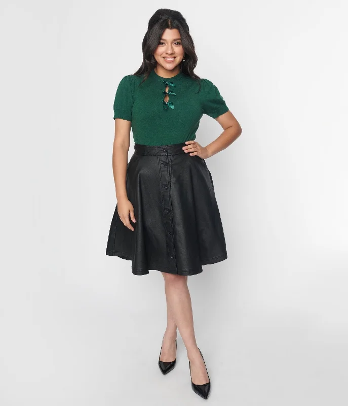 Unique Vintage Black Vegan Leather Flare Skirt