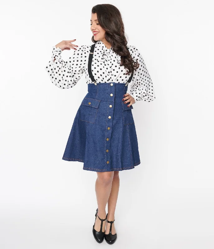 Unique Vintage Denim Suspender Flare Skirt