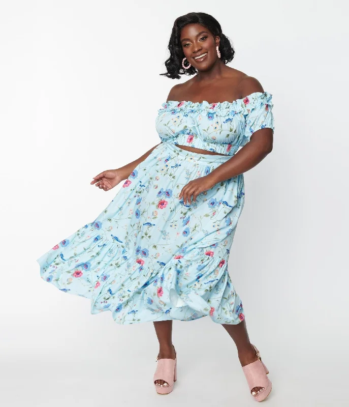 Unique Vintage Plus Size Blue Floral & Blue Bird Tiered Midi Skirt