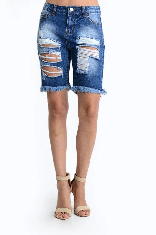 Women's Destroyed Denim Bermuda Shorts