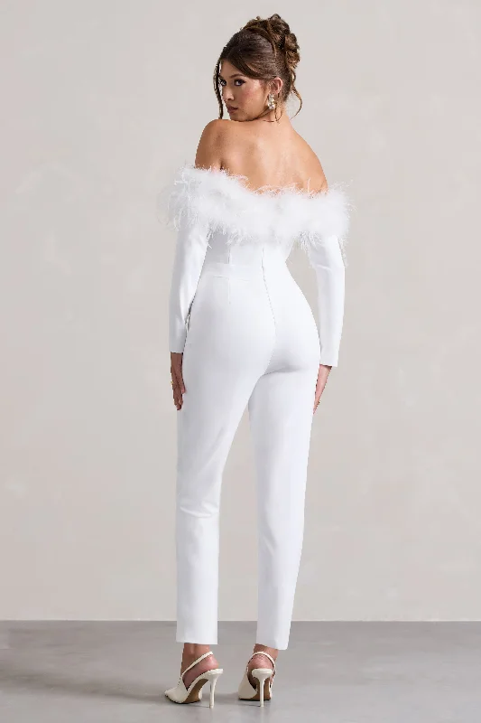 Ales | White Bardot Tailored Straight-Leg Jumpsuit With Feather Trim