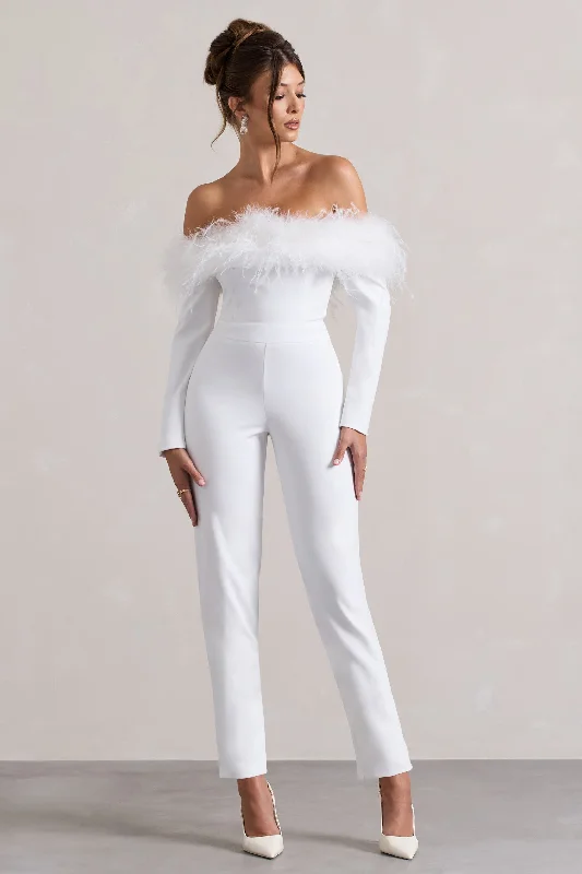 Ales | White Bardot Tailored Straight-Leg Jumpsuit With Feather Trim