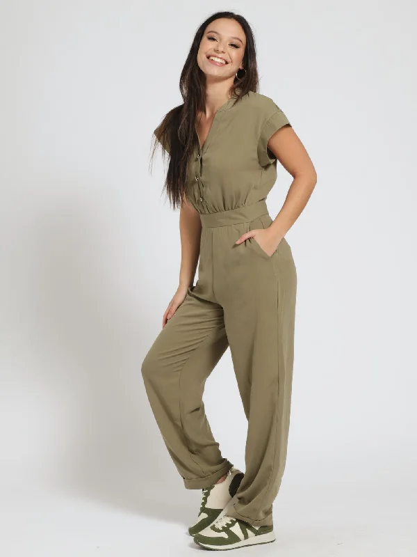 Button Front Jumpsuit - Fatigue