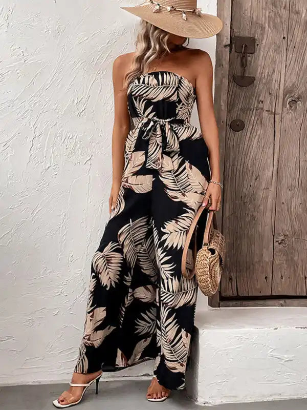 New fashion women’s plant leaf print tube top jumpsuit