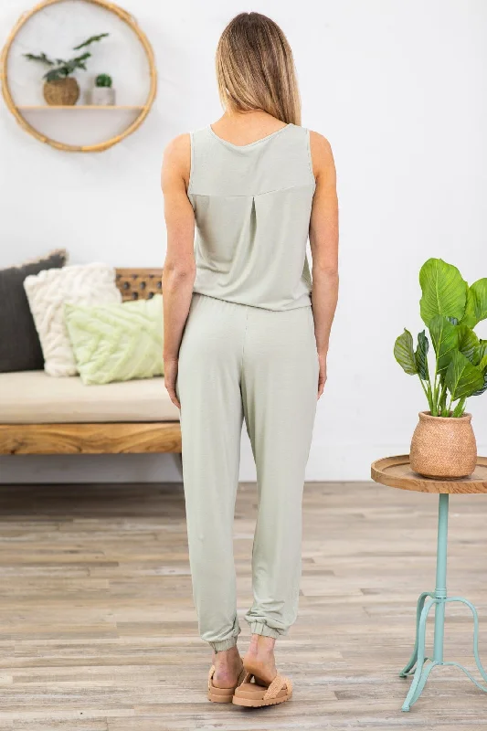 Light Sage Drawstring Waist Knit Jumpsuit