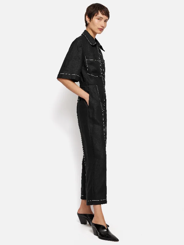 Linen Contrast Stitch Jumpsuit | Black