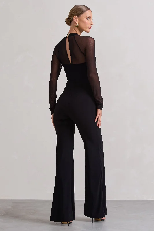 On Track | Black Flared-Leg Jumpsuit With Sheer Sleeves