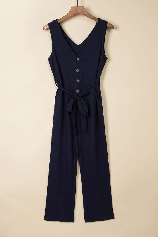 V Neck Button Belted Jumpsuit with Pockets