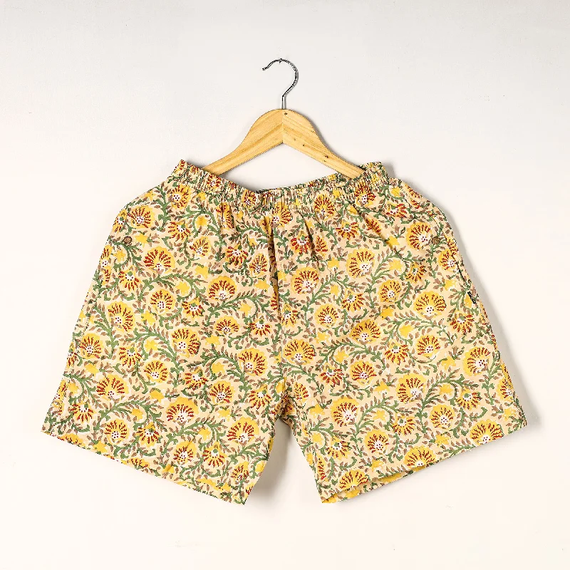 Yellow - Sanganeri Block Printed Cotton Unisex Boxer/Shorts