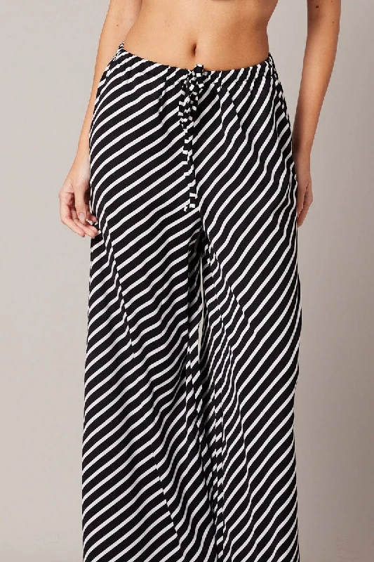 Black Stripe Wide Leg Pants High Rise