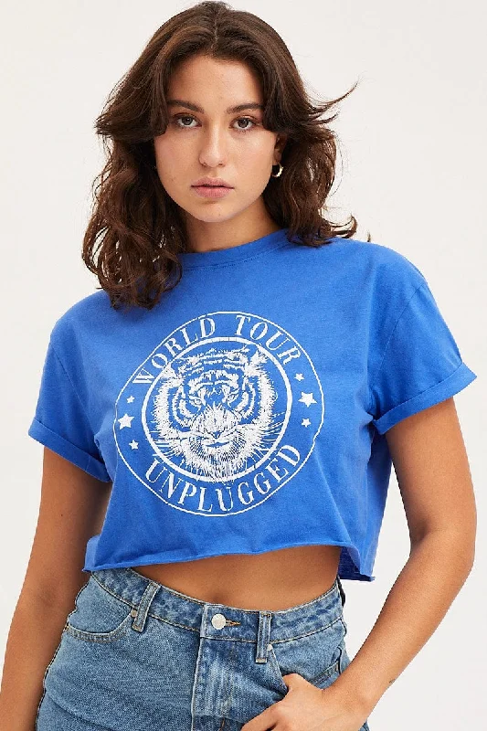 Blue Graphic T Shirt Short Sleeve Crop