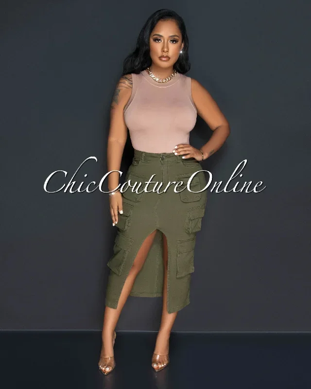 carine-olive-green-front-slit-maxi-cargo-skirt