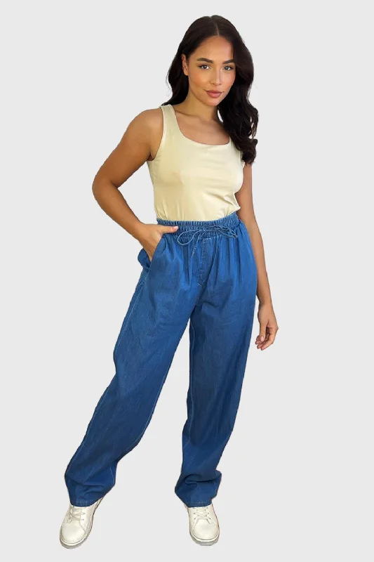 Denim Blue Wide Leg Lightweight Trousers