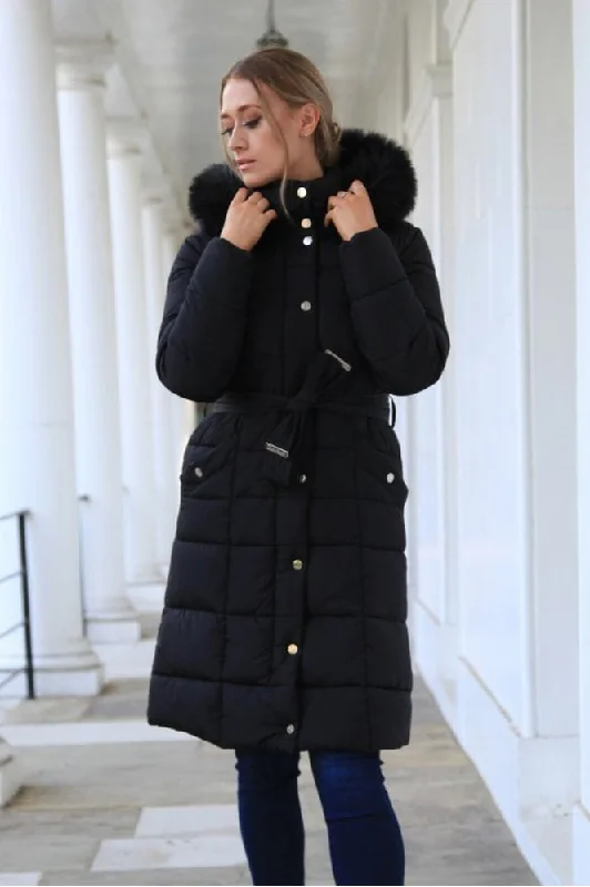 Double Second Black Glam Belted Long Puffer Coat