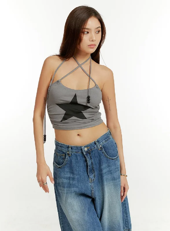 Graphic X Strap Halter Crop Top CU421