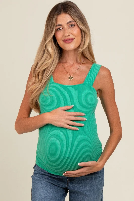 green-ribbed-square-neck-maternity-tank-top