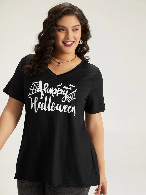 halloween-letter-print-v-neck-t-shirt