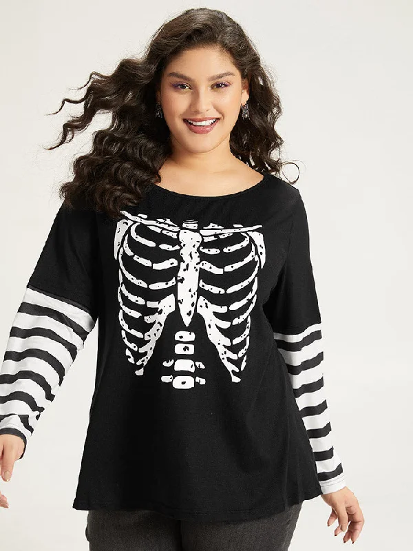 Halloween Striped & Skull Print Patchwork T-shirt