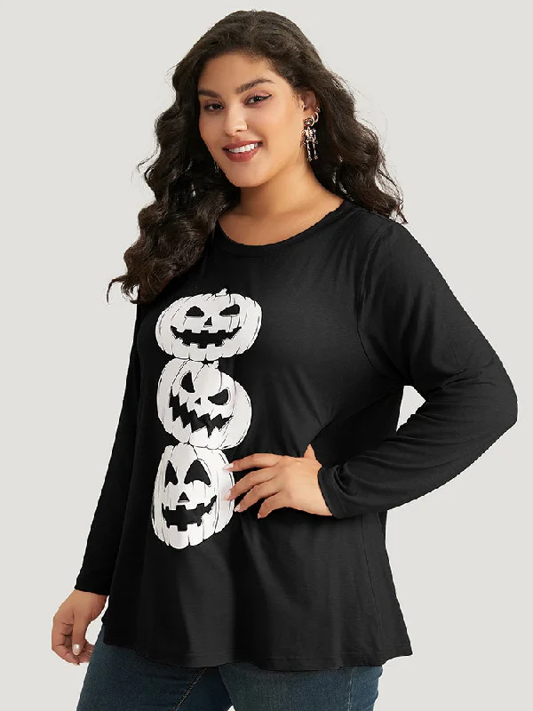 halloween-three-pumpkin-print-crew-neck-t-shirt