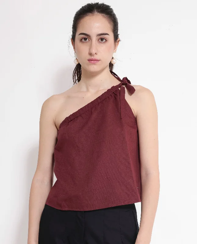 Rareism Women's Jarza Maroon One Shoulder Tie Up Plain Cropped Top