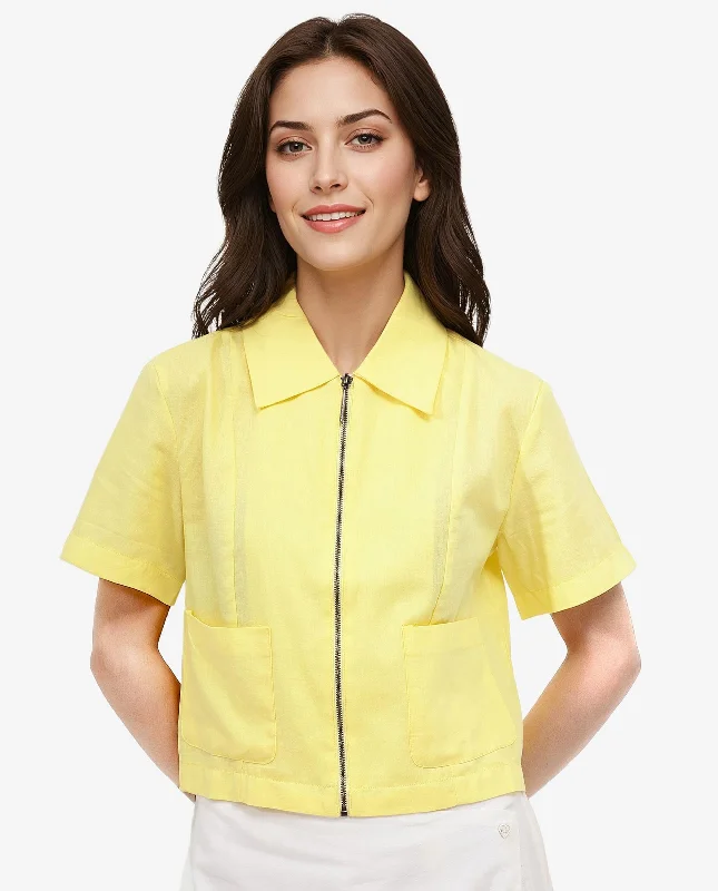 Rareism Women's Klappy Yellow Short Sleeve Collared Neck Zipper Closure Cropped Plain Top