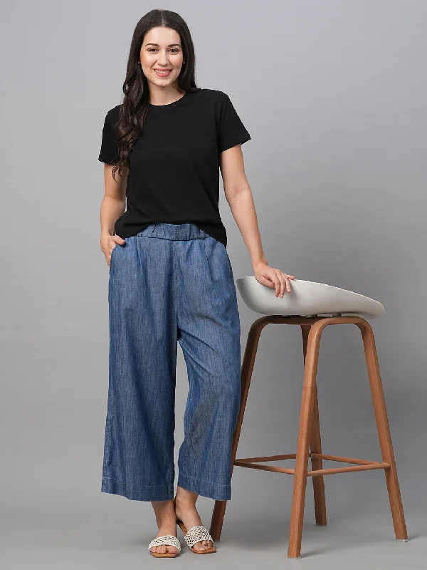 Women's Blue Cotton Tencel Regular Fit Culotte