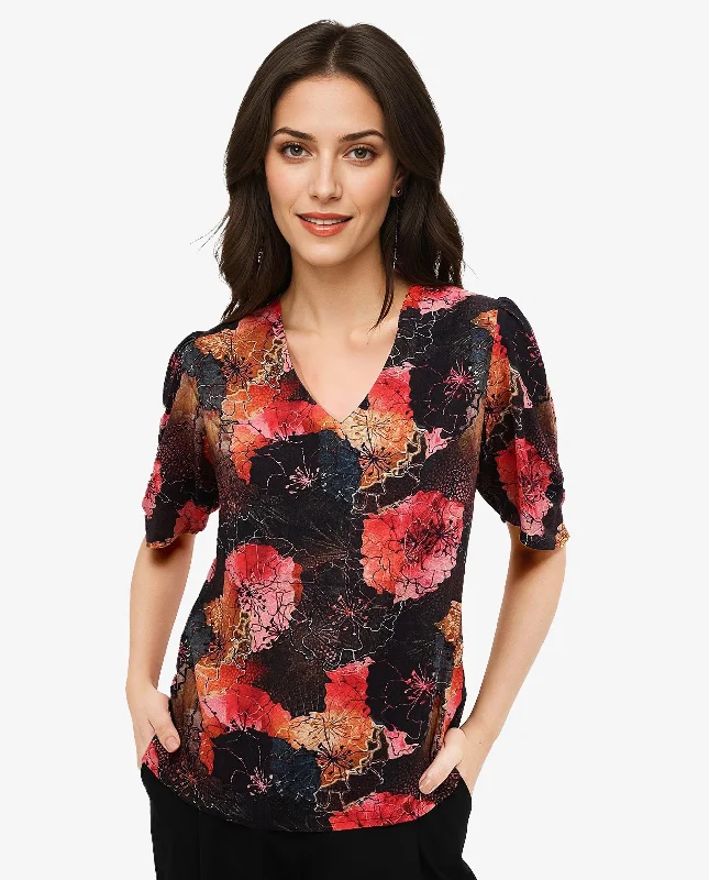 Rareism Women's Labia Multi Bell Sleeves V-Neck Zipper Closure Cropped Floral Print Top