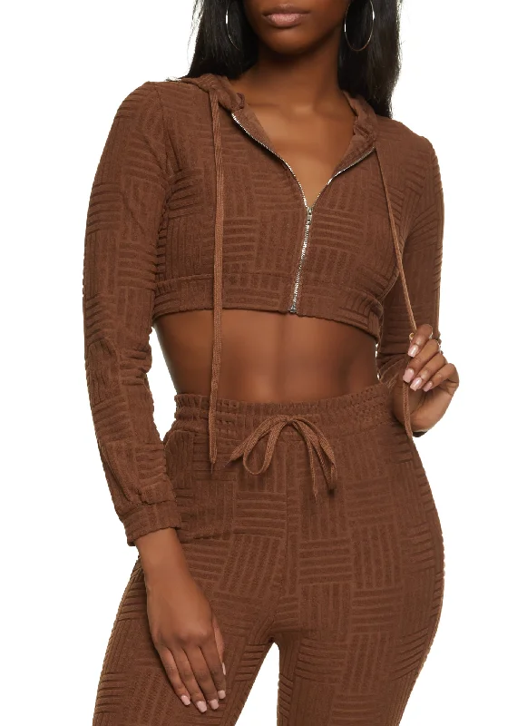 Terry Cloth Zip Front Cropped Hoodie