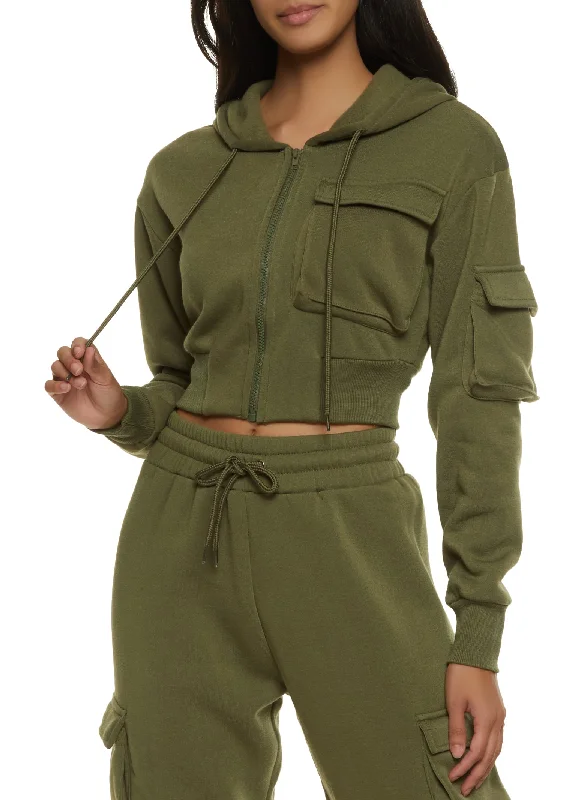 Solid Cargo Pocket Cropped Hoodie