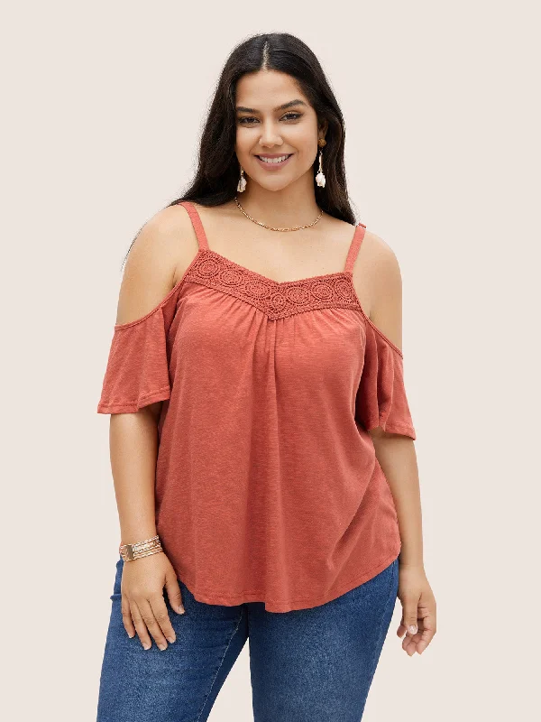 Plain Cold Shoulder Adjustable Straps Lace Panel T-shirt