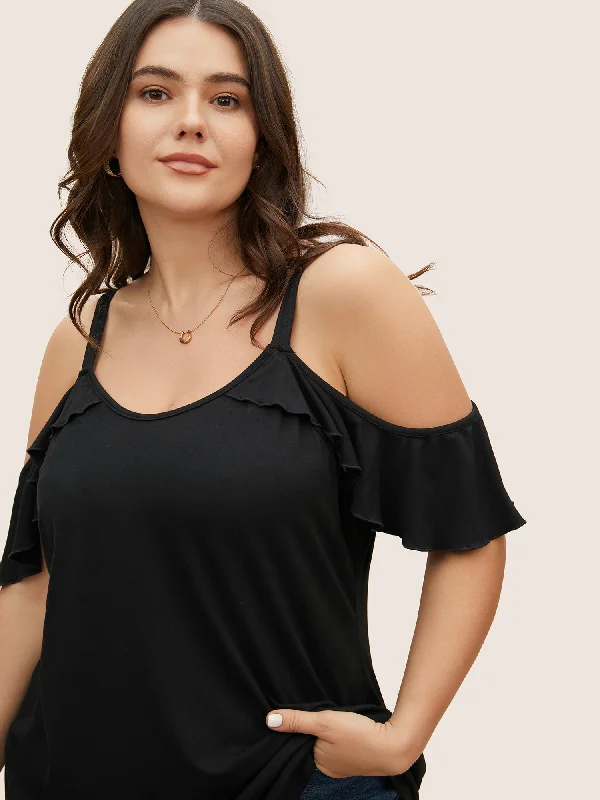 Plain Cold Shoulder Ruffle Trim T-shirt