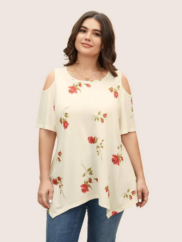 Rose Print Cold Shoulder T-shirt