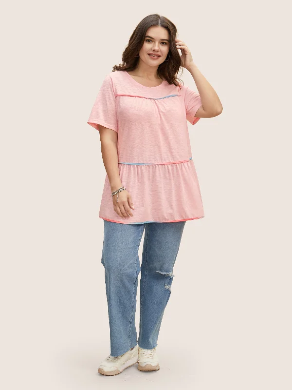 round-neck-contrast-tucked-seam-ruffles-t-shirt