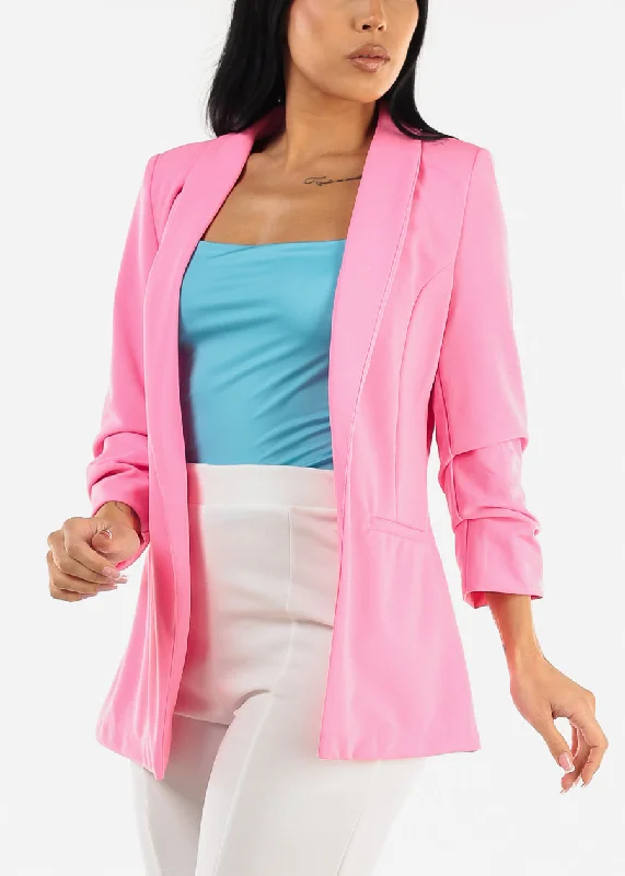 ruched-quarter-sleeve-open-front-blazer-pink-bj07151brbpnk