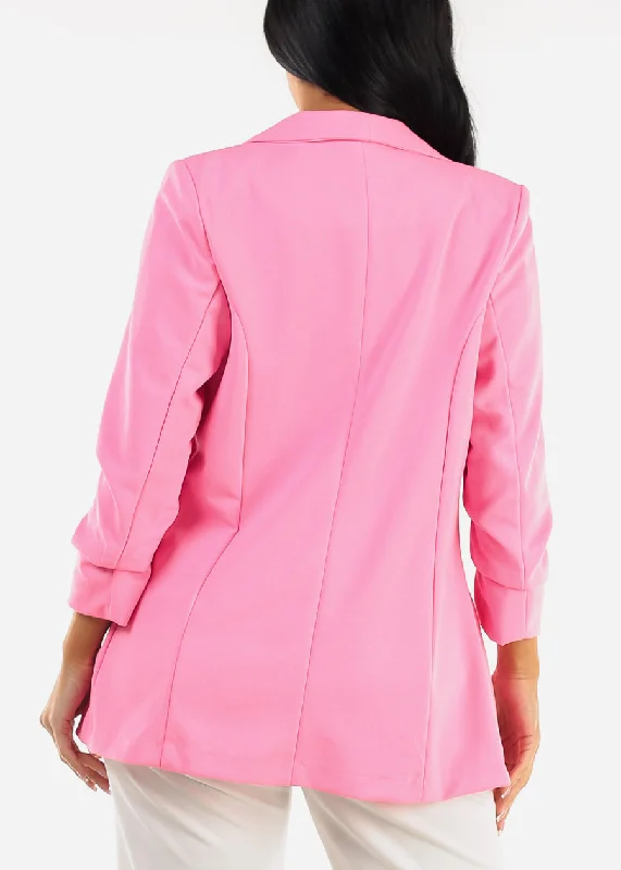 ruched-quarter-sleeve-open-front-blazer-pink-bj07151brbpnk