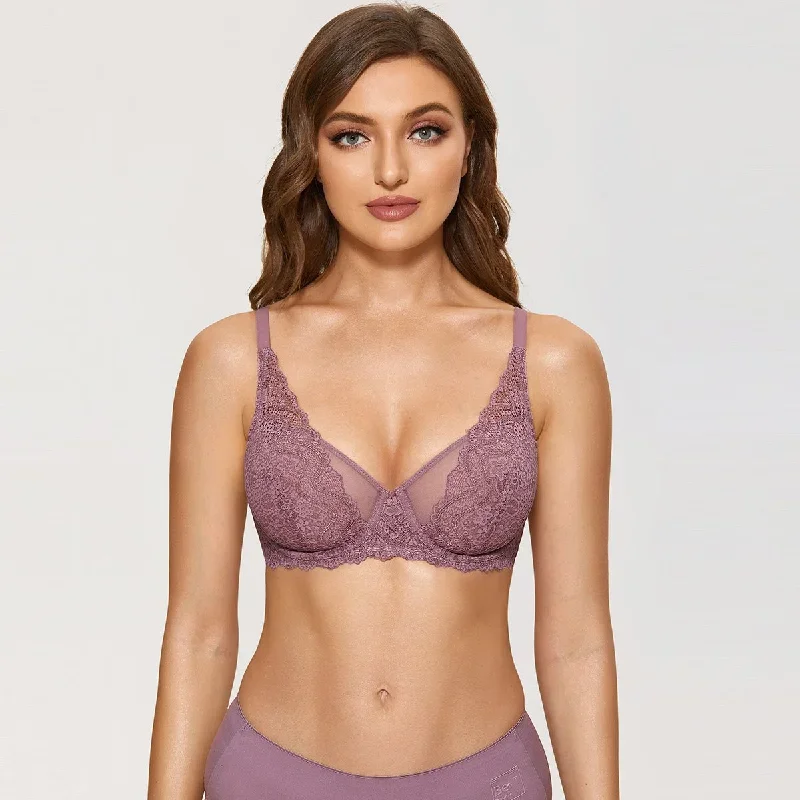 Sexy Lace Bra See-through Minimizer Lavender Bra